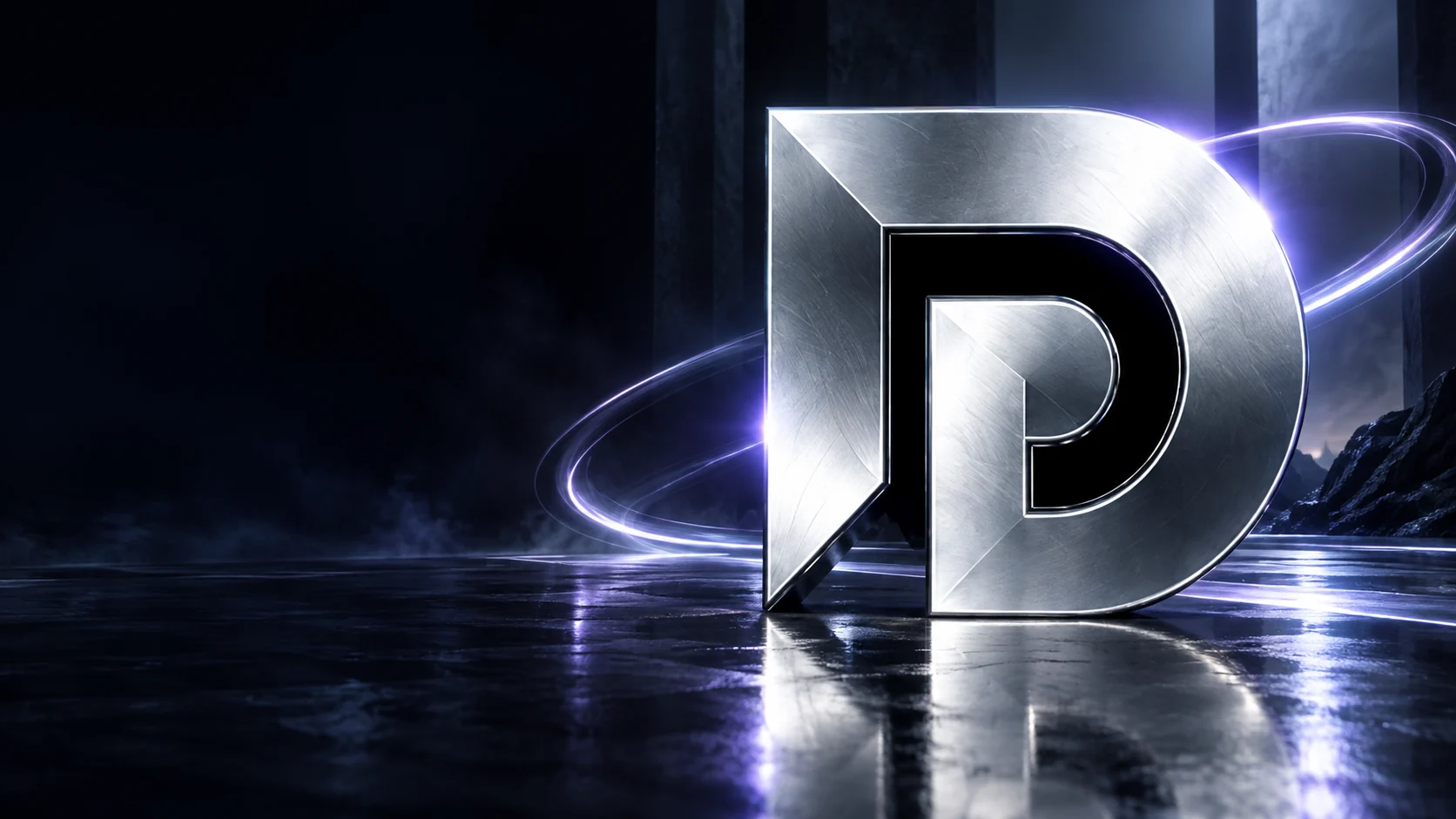 Connected platinum DP mark with a violet light trail and reflection.